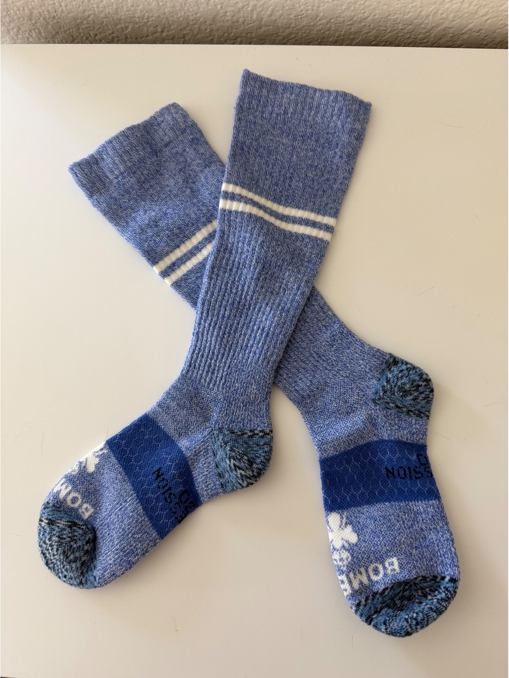 Bombas Blue Athletic Crew Socks with White Stripes compression travel socks